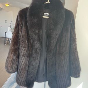 Saga mink coat with fox trim collar Dark brown Small